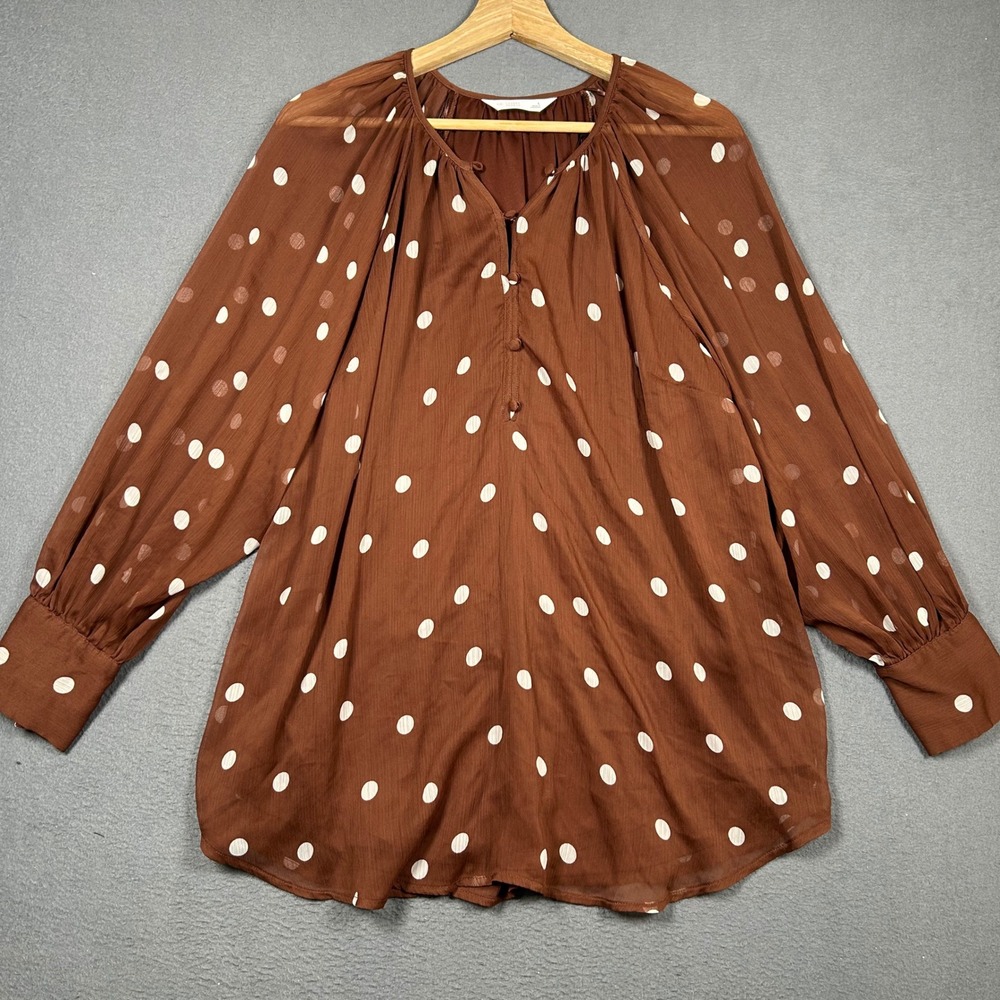 LC Lauren Conrad Blouse Womens L Brown Polka Dot Chiffon Lined Long Sleeve Top